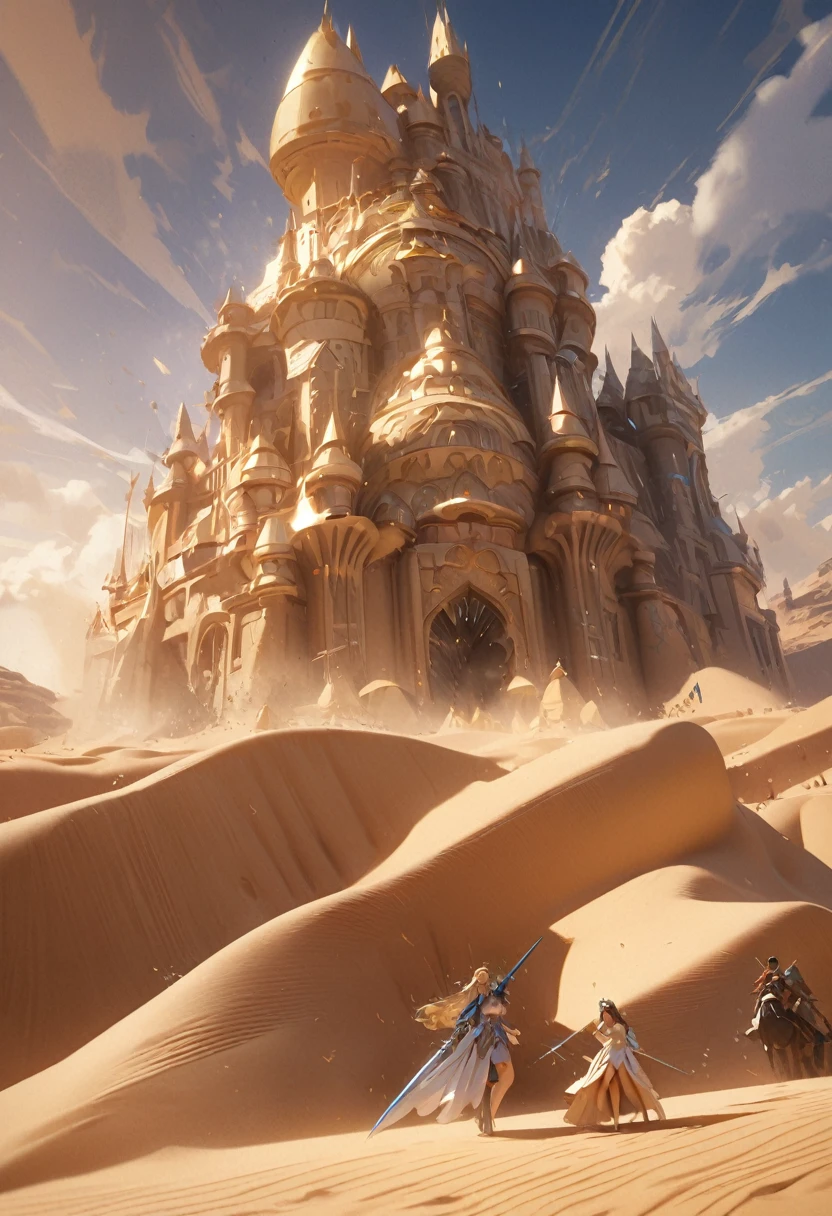 best quality, super fine, incredibly absurdres, extremely detailed, 2.5D, delicate and dynamic depiction, sand sculpture princess, Disney-style fantasy, desert, sandstorm effect
