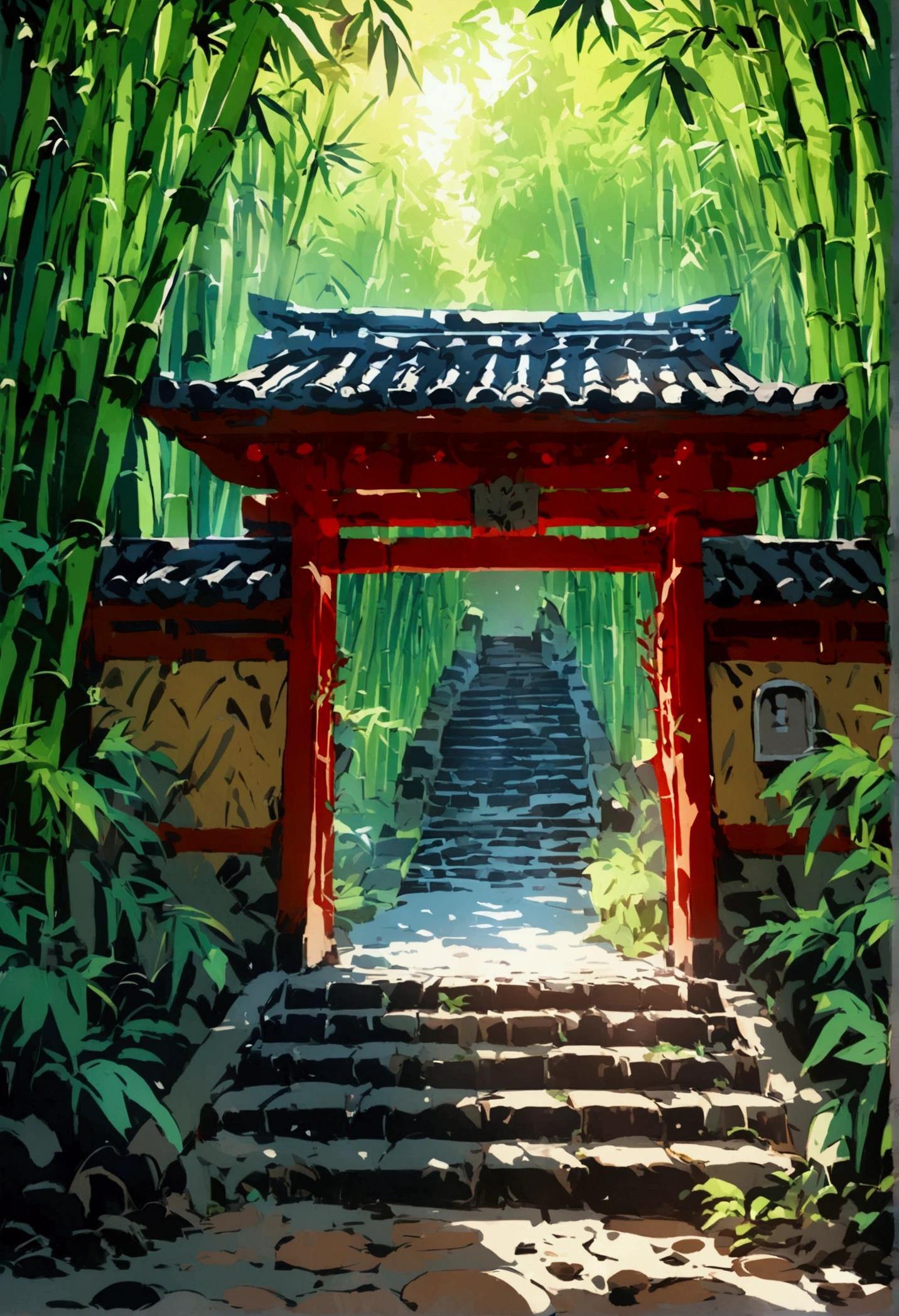 bamboo forest，school entrance，Rich colors，Illustration style