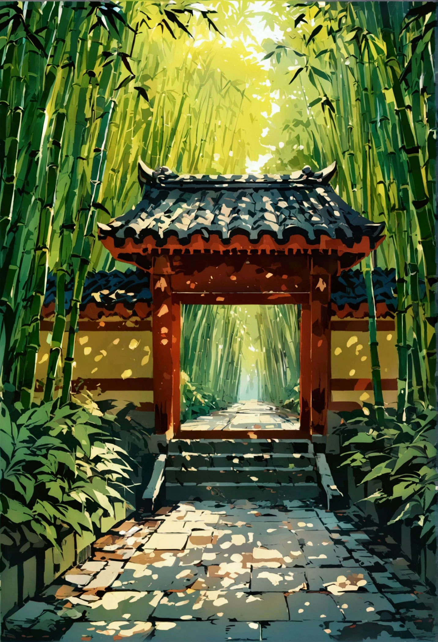 bamboo forest,school entrance,Rich colors,Illustration style