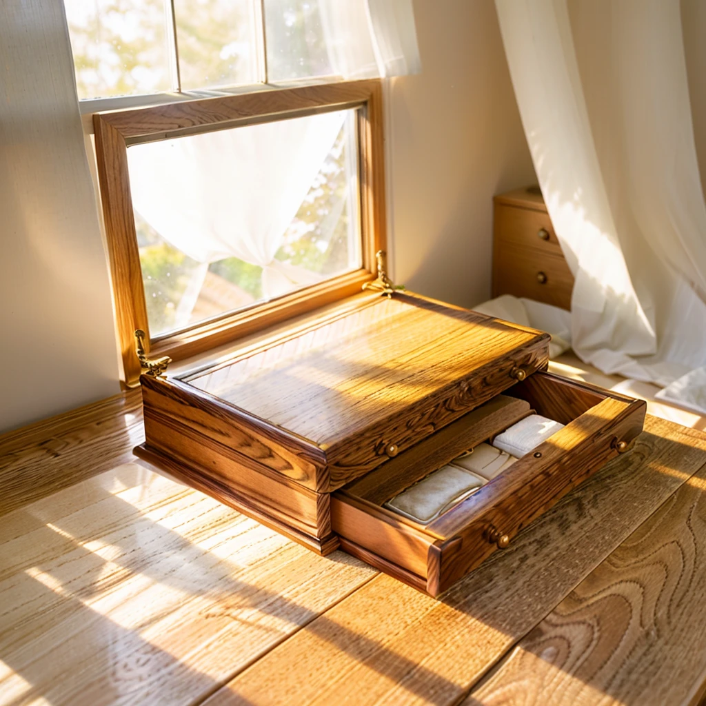 In this cozy room，A ray of sunlight shone on the table through the half-drawn curtains，Let the wood grain on the watch storage case shine with a faint sheen。There is a calm and serene atmosphere in the surrounding air。Several still lifes hang on the walls of the room，It adds a touch of elegance to the space。And on the other side of the room，A half-open window lets the breeze blow in，The pages on the small desk by the window flipped in the wind，This quiet scene gives a sense of tranquility and comfort。