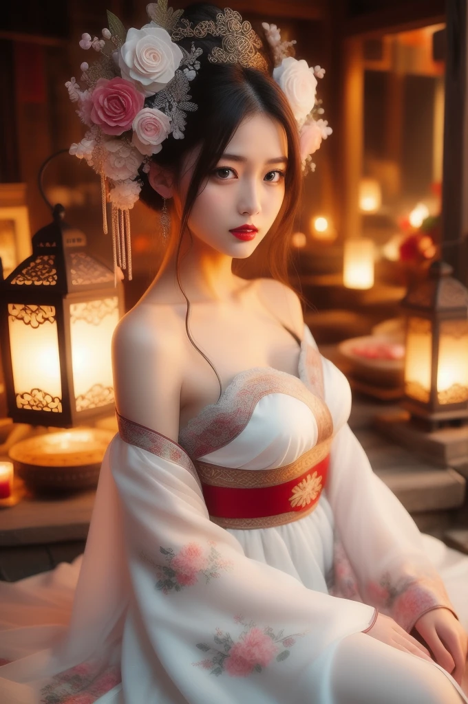 hands_, 1girl, lantern, hair ornament, flower, hair flower, paper lantern, black hair, red lips, looking at viewer, chinese clothes, holding, dress, blurry, solo focus, long hair, black eyes, realistic, bare shoulders, white dress, lips, night, lipstick, outdoors, upper body, blurry background, solo, makeup, hair bun, big breasts, exposed shoulders, exposed waist, exposed thighs