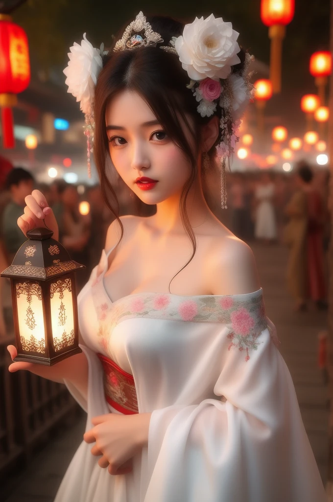 hands_, 1girl, lantern, hair ornament, flower, hair flower, paper lantern, black hair, red lips, looking at viewer, chinese clothes, holding, dress, blurry, solo focus, long hair, black eyes, realistic, bare shoulders, white dress, lips, night, lipstick, outdoors, upper body, blurry background, solo, makeup, hair bun, big breasts, exposed shoulders, exposed waist, exposed thighs