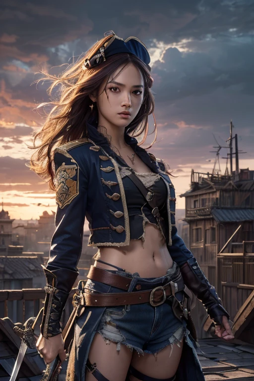 (Special quality:1.2), (Very detailed:1.2), (Very detailed clothes:1.2), (Very detailed face:1.2), (Very detailed eyes:1.2), (Very detailed body:1.2), (Very detailed weapons:1.2), pirate girl, Stand on the roof, Torn clothes, Different hair colors, Sword Fight, Battlefield in the background, lights in the background, nighttime, great light, dramatic sky