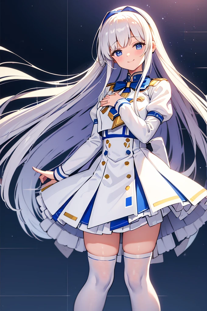 Mecha Wings、White and blue skirt、Accentuated thighs、White tights、chest、Beautiful golden hair、1 girl、solo girl、Thick thighs、is、Frame Arms Girl、Alice Gere Aegis、White Armor、Blue and purple lines、income、headphone、hand on own chest、smile、idol costume