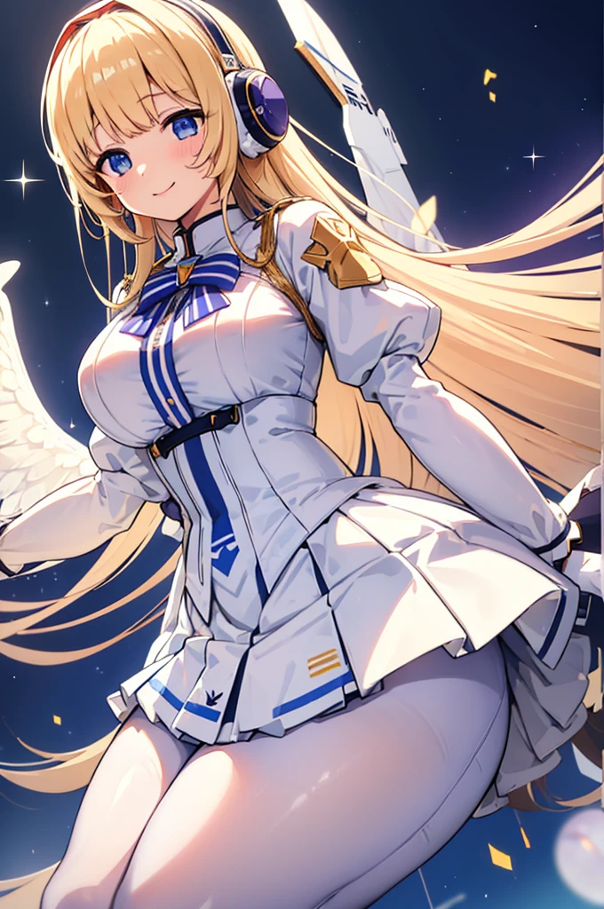 Mecha Wings、White and blue skirt、Accentuated thighs、White tights、chest、Beautiful golden hair、1 girl、solo girl、Thick thighs、is、Frame Arms Girl、Alice Gere Aegis、White Armor、Blue and purple lines、income、headphone、hand on own chest、smile、idol costume