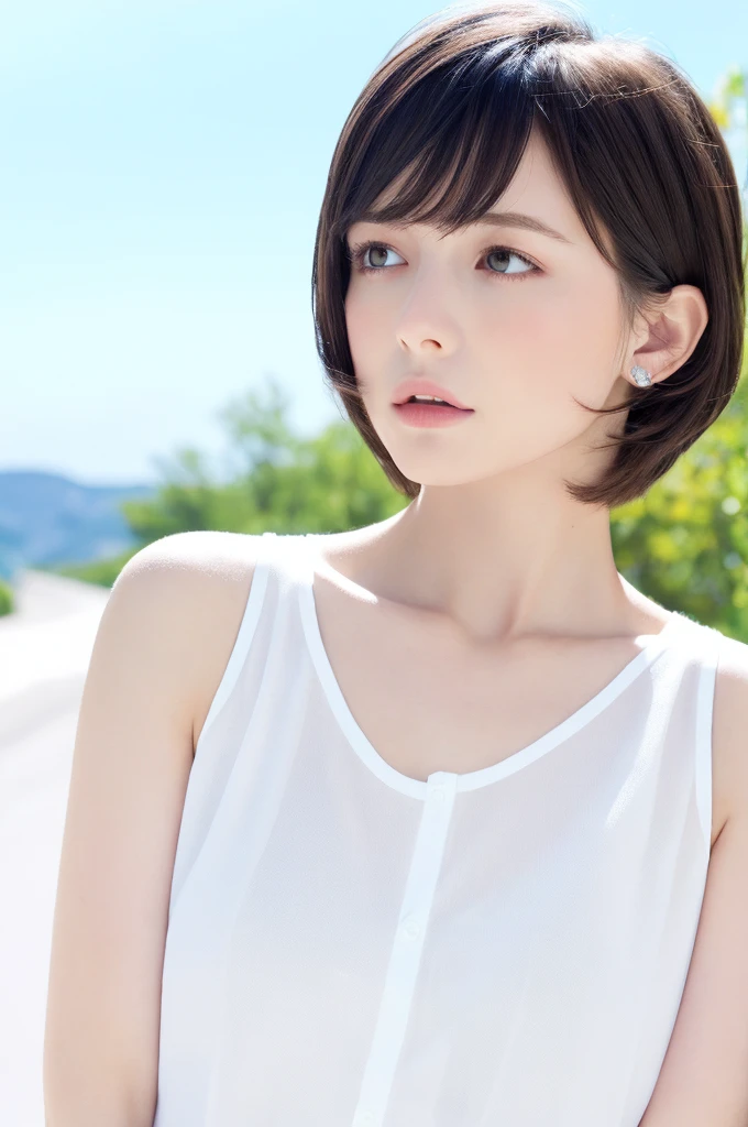 {{a extremely delicate and beautiful girl}}, {{extremely delicate and beautiful girl}}, {{{soft focus}}}, {{{perfect details}}}, {{{detailed and beautiful}}}, close shot, looking away, depthoffield, look up to, beautiful detailed fullbody, longuette, {{{woman}}}, young, very short hair, spiked hair, wept bangs, grey hair, Perfect face, ?, detailed beautiful eyes, white skin, piercing, harajuku fashion, sleeveless shirt, open clothes, landscapes, white background, blurry background, cinematic lighting, flowing transparent white, {{{best masterpiece}}}, {{{best quality}}}, {{{extremely detailed 8K wallpaper}}},
