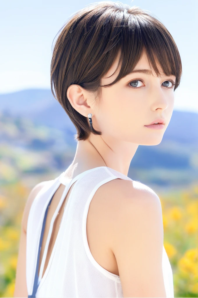 {{a extremely delicate and beautiful girl}}, {{extremely delicate and beautiful girl}}, {{{soft focus}}}, {{{perfect details}}}, {{{detailed and beautiful}}}, close shot, looking away, depthoffield, look up to, beautiful detailed fullbody, longuette, {{{woman}}}, young, very short hair, spiked hair, wept bangs, grey hair, Perfect face, ?, detailed beautiful eyes, white skin, piercing, harajuku fashion, sleeveless shirt, open clothes, landscapes, white background, blurry background, cinematic lighting, flowing transparent white, {{{best masterpiece}}}, {{{best quality}}}, {{{extremely detailed 8K wallpaper}}},