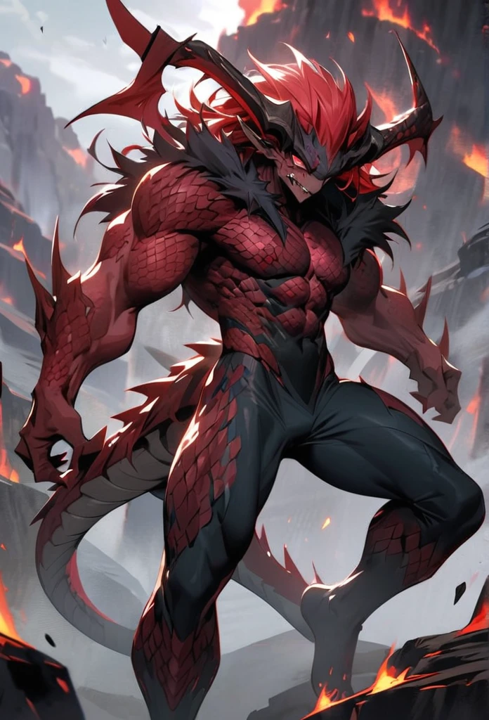 (High resolution, best quality, masterpiece), detailed, ultra detail, 1male, physically fit, muscular body, fierce expression, red eyes, (detailed eyes), redhair, short length hair, full body, ((dragon horns)), ((face: dragon scales)), face covered in scales, human skin, ((topwear: fur lined coat, bottomwear: tight jeans)), volcanic background, part draconic, somber expression, inhuman, reptilian skin, close up