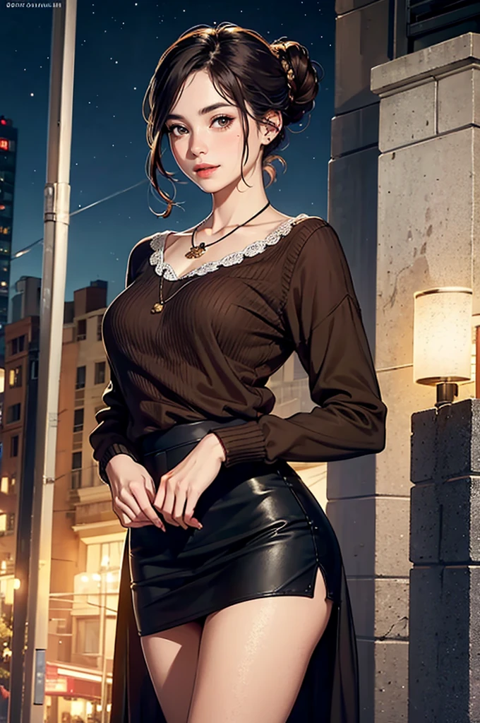 ((night, Realistic Light, Highest quality, 8K, masterpiece: 1.3)), One girl, Slim Beauty: 1.4, (Brown Hair, Updo, Medium chest: 1.3), Pink long sweater: 1.1, Uplift Skirt, Lift up your skirt, Showing off her black panties with lace detailing, Bathroom, Super detailed face, Delicate eyes, double eyelid, smile, necklace, whole body,
