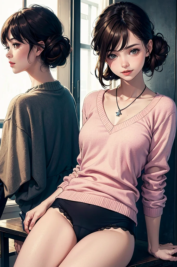 ((night, Realistic Light, Highest quality, 8K, masterpiece: 1.3)), One girl, Slim Beauty: 1.4, (Brown Hair, Updo, Medium chest: 1.3), Pink long sweater: 1.1, Uplift Skirt, Lift up your skirt, Showing off her black panties with lace detailing, Bathroom, Super detailed face, Delicate eyes, double eyelid, smile, necklace, whole body, 