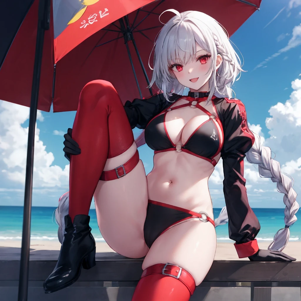 masterpiece, best quality, 1girl, , silver hair, ahoge, red eyes, (single braid), braid, large_ breasts, , blue sky,covered_groin,covered_nipples,solo,young,,open_legs,knee_boots,crotch_armor,cowboy_shot,crotch, asymmetrical legwear, long hair, bikini, black bikini, black gloves, gloves, long sleeves, navel, o-ring, o-ring bikini, o-ring bottom, o-ring top, puffy long sleeves, puffy sleeves, red legwear, single thighhigh, swimsuit, thigh strap, thighhighs, uneven legwear,smile,nihil,open_mouth,angry