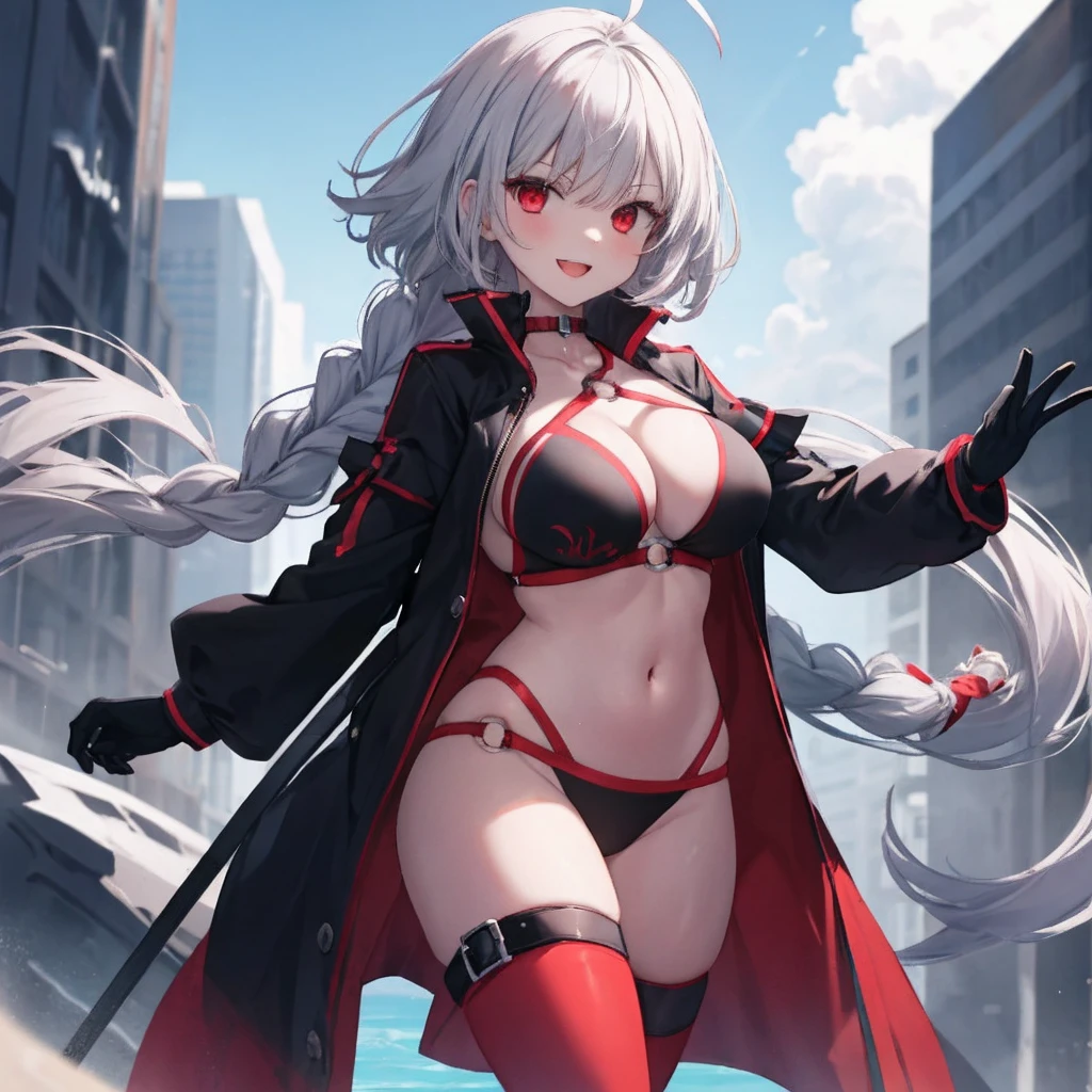 masterpiece, best quality, 1girl, , silver hair, ahoge, red eyes, (single braid), braid, large_ breasts, , blue sky,covered_groin,covered_nipples,solo,young,,open_legs,knee_boots,crotch_armor,cowboy_shot,crotch, asymmetrical legwear, long hair, bikini, black bikini, black gloves, gloves, long sleeves, navel, o-ring, o-ring bikini, o-ring bottom, o-ring top, puffy long sleeves, puffy sleeves, red legwear, single thighhigh, swimsuit, thigh strap, thighhighs, uneven legwear,smile,nihil,open_mouth,angry
