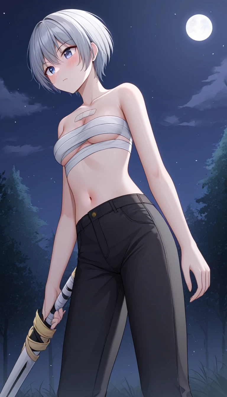 、Silver short hair、assassin、((Bandage on chest)、Black thin pants background moonlit night