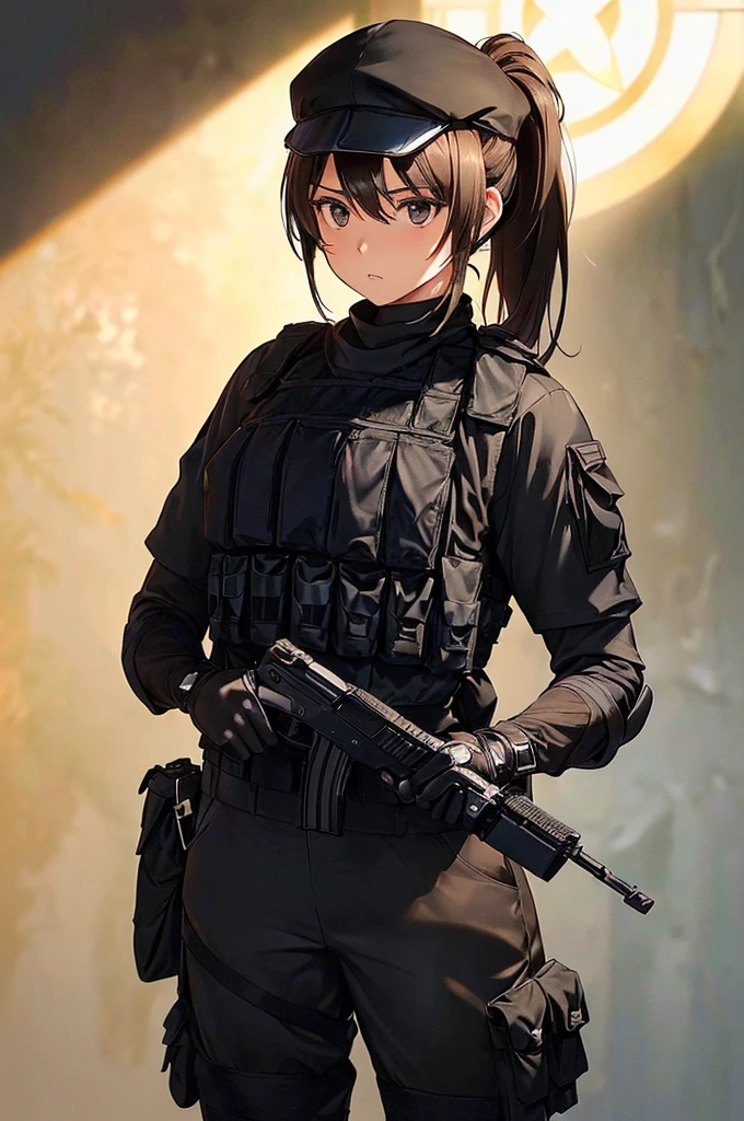 (((masterpiece; best quality: 1.2))), (finely detailed eyes: 1.3), (25 year old woman), (solo), (black eyes: 1.4), (body; toned, fit, soldier: 1.3), (silky brown hair + ponytail: 1.3), (beautiful and clear background: 1.2), ((depth of field)), (equipment: spec ops full black tactical combat-ready gear + kevlar vest + black tactical shirt + black tactical cargo pants + black gloves + black baseball cap + pouches: 1.3), (anime illustration: 1.2), (background composition; military base office: 1.1), (extremely fine and beautiful: 1.1), (shot composition; standing + centered on torso + close-up: 1.5), (expression; calm, stoic: 1.2)