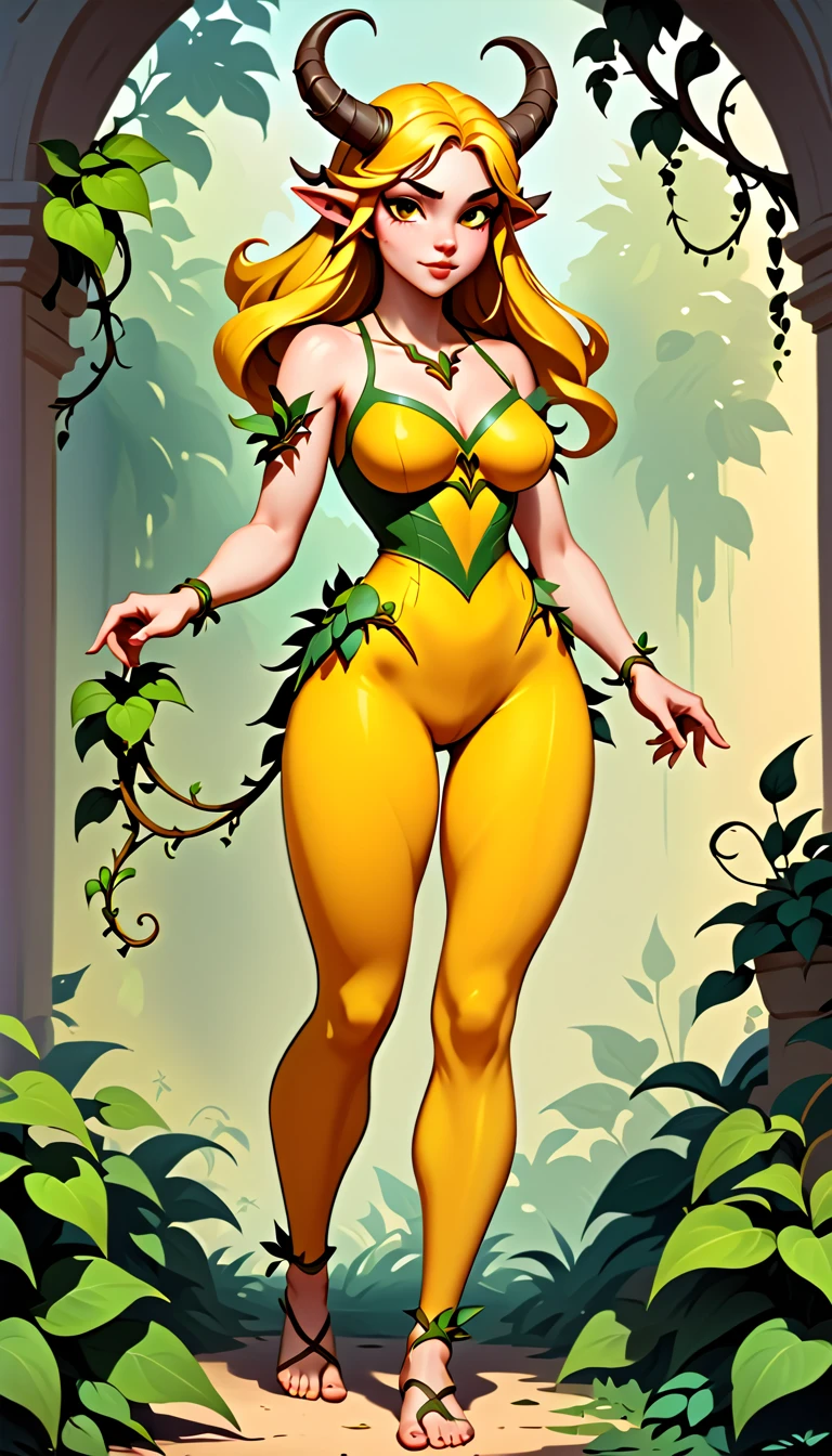 simple style, valorant style,haracter concept art, yellow medieval summer girl, concept, vines on the hand and horns from vines, full body