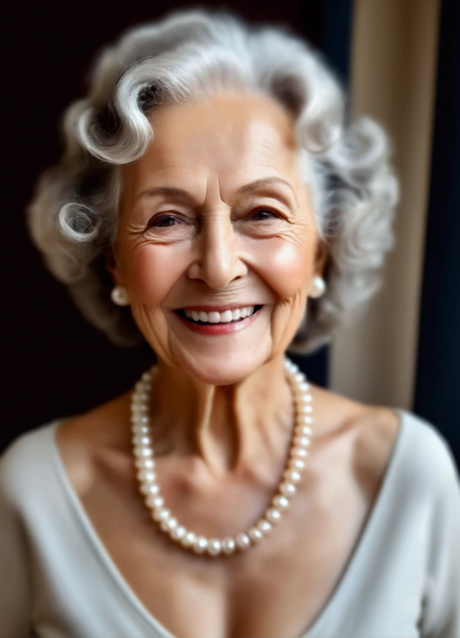 Beautiful old woman, smile,sexy,80 years old, curly hair,sexy,wearing a pearl necklace,Beautiful older woman, cute,smile,sexy,80 years old,,sexy,wearing a pearl necklaceold woman,busty,long Curly hair