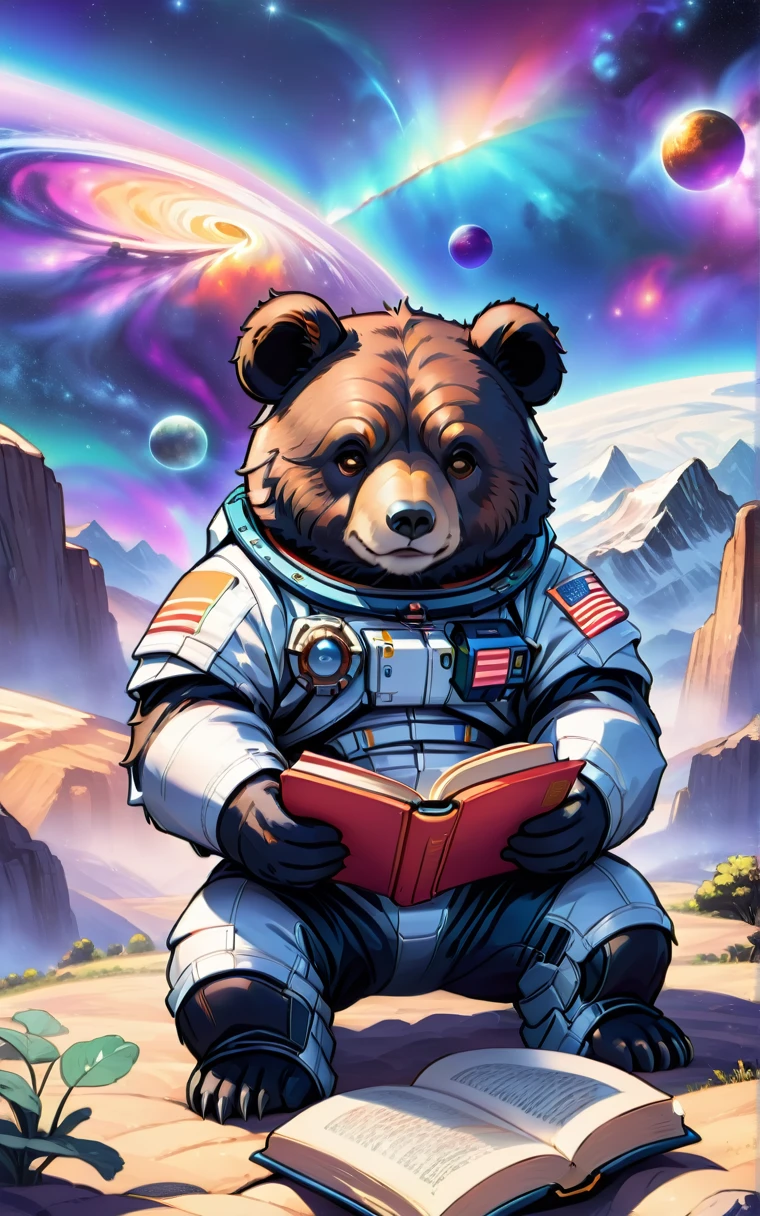 Illustration style,Cool bear lying down holding a book and reading,(Cool space suit)Epic space scenery,Masterpieces in up to 16k resolution,best quality,Extremely detailed,Illustration aesthetic style,