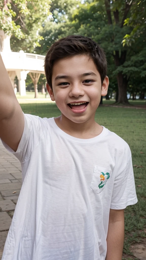 A selfie of a young boy who took a photo in a park and appears happy in the photo and wearing a plain white t-shirt