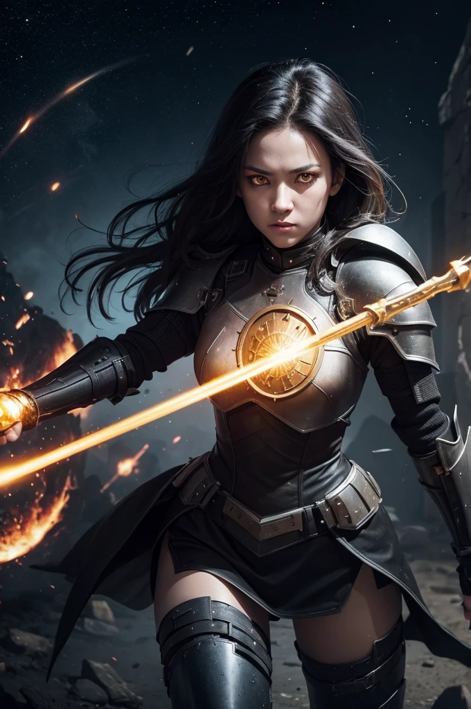 A woman with yellow eyes, dressed in full black armour, wielding a spear, fighting in a space battle.