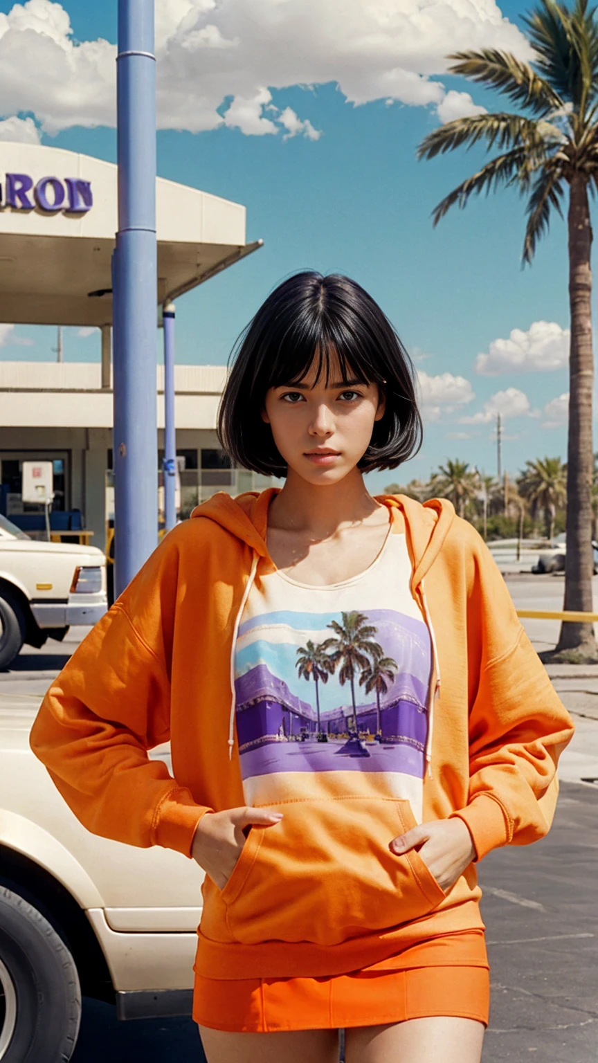 long shot portrait of cute 23 yo girl ,wear ((orange color oversized_hoodie)), wear ((purple tennis skirt)),looking front,Best Quality,Masterpiece,Ultra High Resolution,(Realisticity:1.4),Original Photo, 1Girl, light leak,ultra high resolution,UHD,beautiful, (black bob hair), almond eye, no makeup, in front of ((80's abandon gas station)), (realistic:1.2), (surreal:1.3), (very detailed:1.1), ((masterpiece)),summer, blue sky, palm trees,sunny, los angles vibes,film camera, 800mm lens,style of Philip Lorca diCorcia