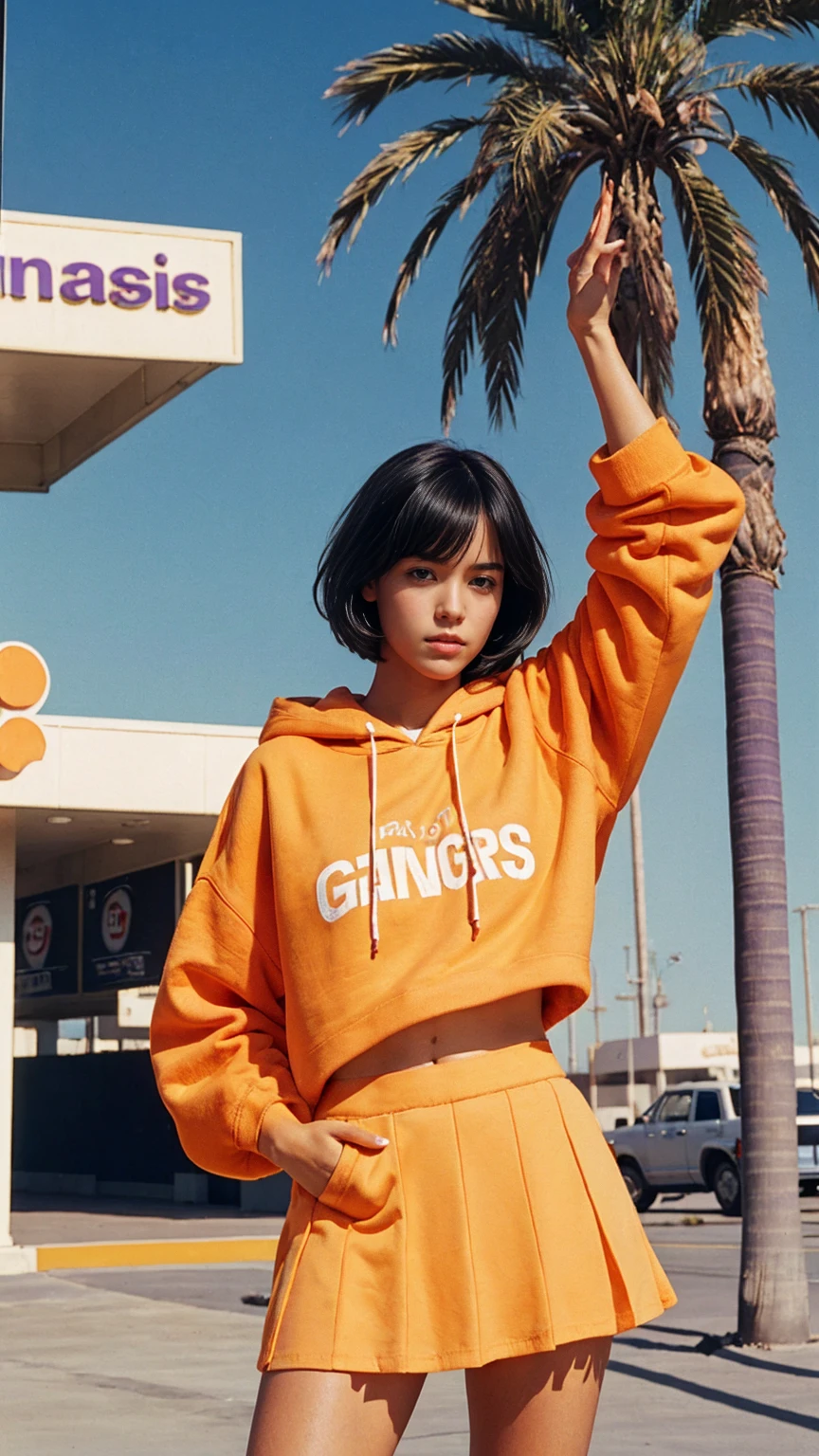 long shot portrait of cute 23 yo girl ,wear ((orange color oversized_hoodie)), wear ((purple tennis skirt)),looking front,Best Quality,Masterpiece,Ultra High Resolution,(Realisticity:1.4),Original Photo, 1Girl, light leak,ultra high resolution,UHD,beautiful, (black bob hair), almond eye, no makeup, in front of ((80's abandon gas station)), (realistic:1.2), (surreal:1.3), (very detailed:1.1), ((masterpiece)),summer, blue sky, palm trees,sunny, los angles vibes,film camera, 800mm lens,style of Philip Lorca diCorcia