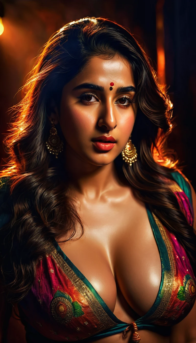 A Indian woman, cleavage , busty sensual pose, dramatic lighting, chiaroscuro, cinematic, dark, haunting, dramatic, moody, high contrast, vivid colors, glowing skin, oil painting, digital art, hyper realistic, photorealistic, best quality, 8k, masterpiece, ultra-detailed, large  , Sara ali khan 