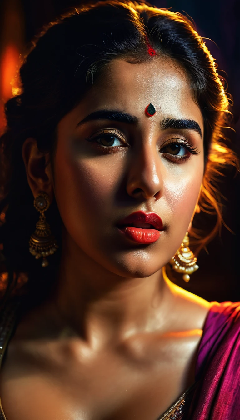 A Indian woman, cleavage , busty sensual pose, dramatic lighting, chiaroscuro, cinematic, dark, haunting, dramatic, moody, high contrast, vivid colors, glowing skin, oil painting, digital art, hyper realistic, photorealistic, best quality, 8k, masterpiece, ultra-detailed, large  , Sara ali khan 