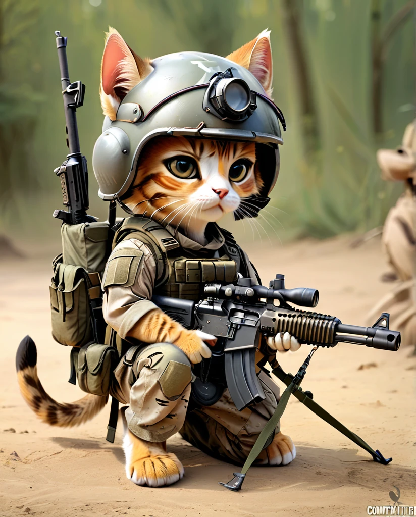 high quality Combat training kitten(Personification) He has a rifle. wearing a helmet