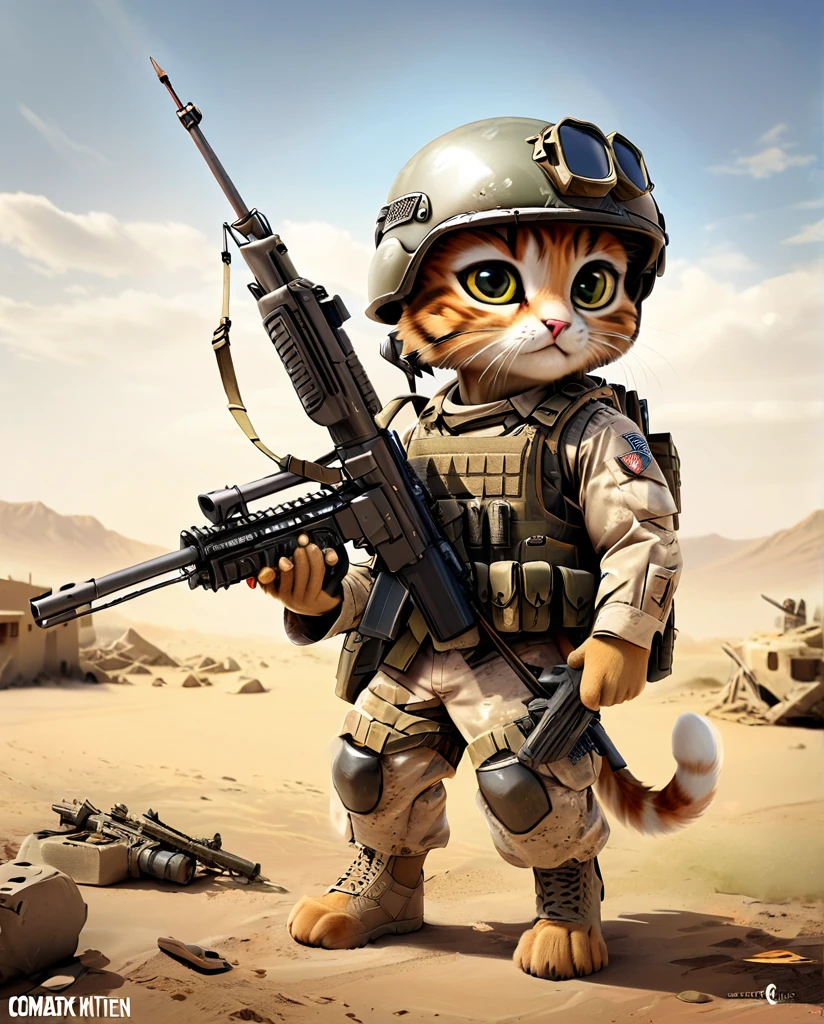 high quality Combat training kitten(Personification) He has a rifle. wearing a helmet