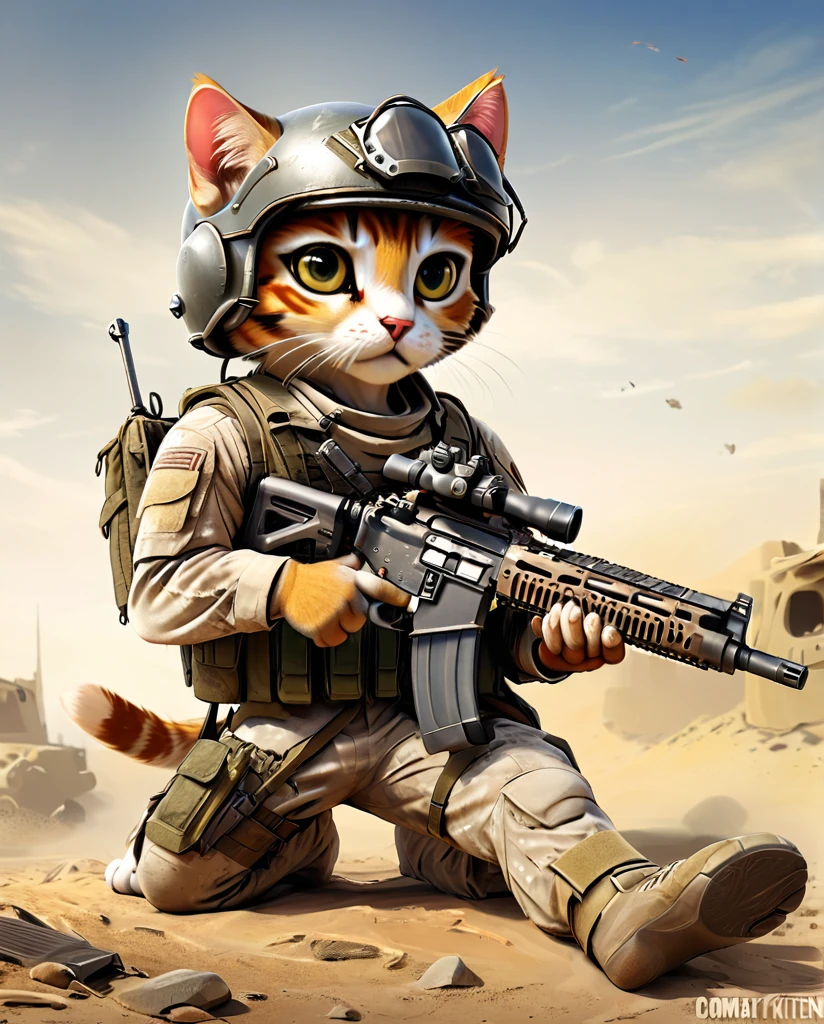high quality Combat training kitten(Personification) He has a rifle. wearing a helmet