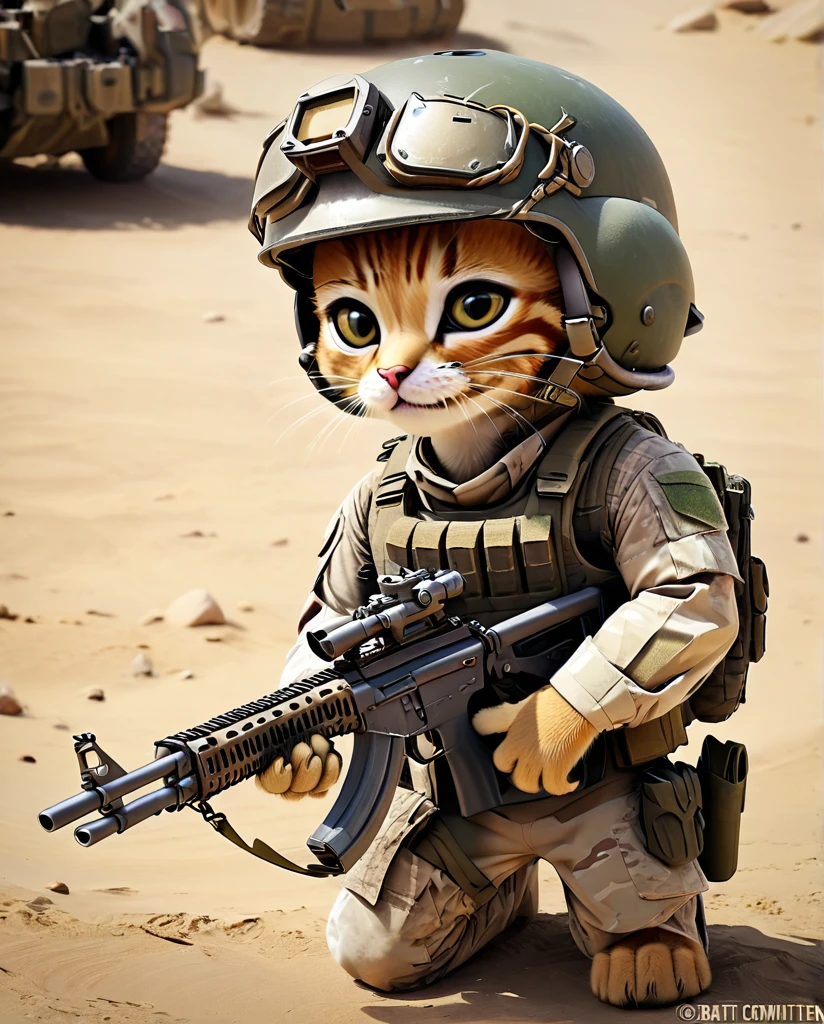 high quality Combat training kitten(Personification) He has a rifle. wearing a helmet
