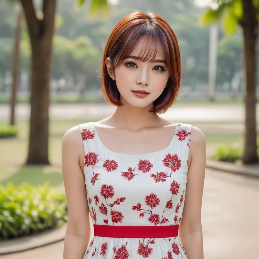 make a picture of a young indonesian woman, cute face, sleek and straight hair. she have a  layered haircut,  flaming red haircolor. she wears a white dress with flower pattern dress, at the park. Elegant pose, slight smile. Cute lips, brown eyes, detailed face.