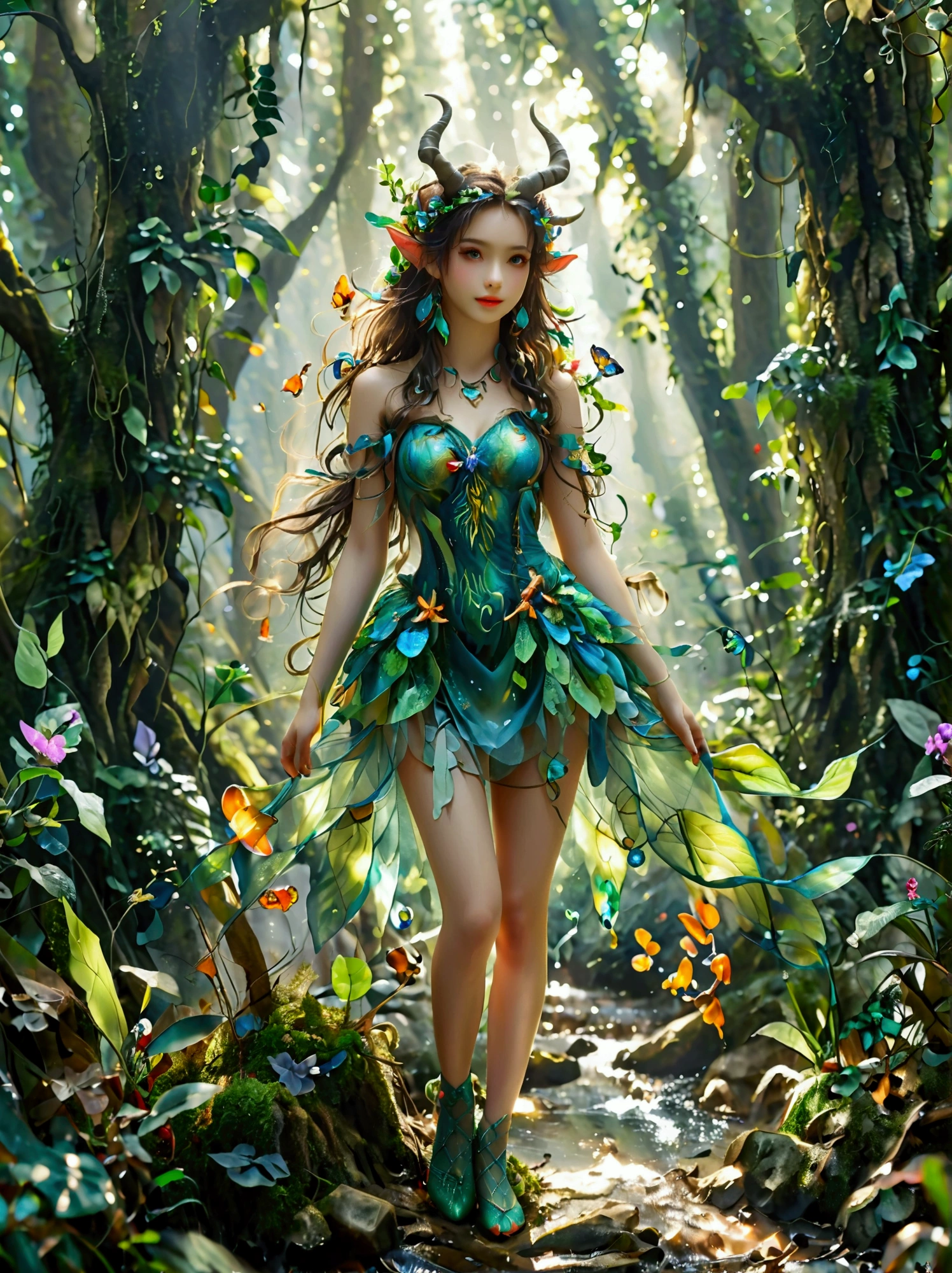 A fantasy creature with feminine qualities standing in a mysterious forest，She has lush hair，Charming eyes，(Both eyes look at you:1.5), ((Front view))，((front))，and wore a bright dress that flattered her figure.，Slender thighs，Crystal Slippers，Charming socks，Her unique features，Scales，Horns and wings，Makes her look otherworldly，She exudes an air of mystery and charm.，Attracts everyone who meets her，The forest around her is dense，With a thick trunk，Lush greenery，and fascinating plants of all shapes and sizes，The crystal dewdrops add a magical sparkle to the scene，Contributes to the overall charming atmosphere，