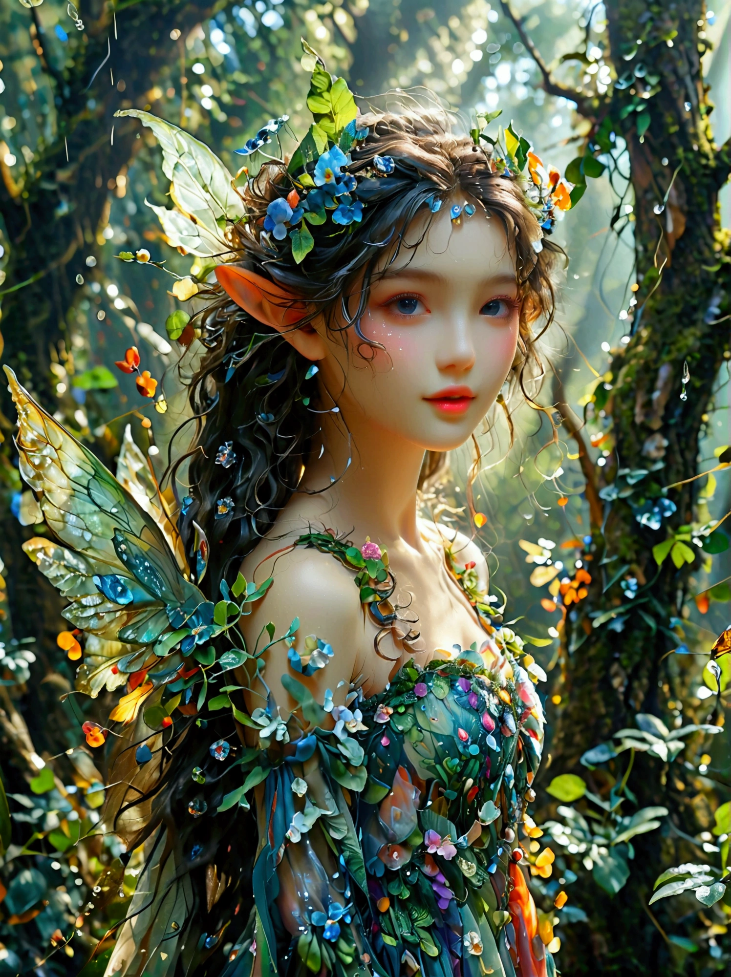 A fantasy creature with feminine qualities standing in a mysterious forest，She has lush hair，Charming eyes，(Both eyes look at you:1.5), ((Front view))，((front))，and wore a bright dress that flattered her figure.，Slender thighs，Crystal Slippers，Charming socks，Her unique features，Scales，Horns and wings，Makes her look otherworldly，She exudes an air of mystery and charm.，Attracts everyone who meets her，The forest around her is dense，With a thick trunk，Lush greenery，and fascinating plants of all shapes and sizes，The crystal dewdrops add a magical sparkle to the scene，Contributes to the overall charming atmosphere，