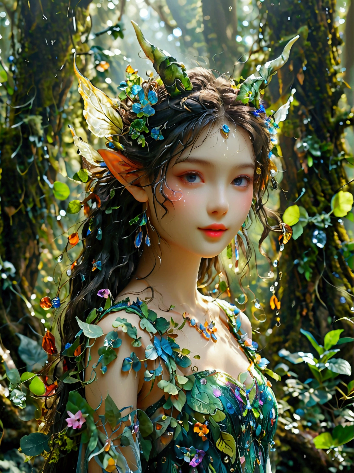 A fantasy creature with feminine qualities standing in a mysterious forest，She has lush hair，Charming eyes，(Both eyes look at you:1.5), ((Front view))，((front))，and wore a bright dress that flattered her figure.，Slender thighs，Crystal Slippers，Charming socks，Her unique features，Scales，Horns and wings，Makes her look otherworldly，She exudes an air of mystery and charm.，Attracts everyone who meets her，The forest around her is dense，With a thick trunk，Lush greenery，and fascinating plants of all shapes and sizes，The crystal dewdrops add a magical sparkle to the scene，Contributes to the overall charming atmosphere，