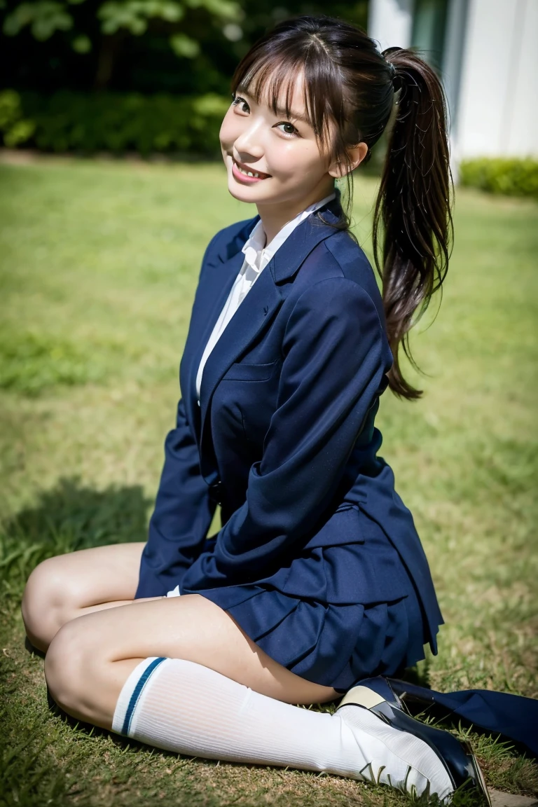 high detail、high quality、8K Photo、Japanese high school girls、One beautiful girl、smile、In uniform、(Brown blazer、Blue checked pleated skirt、Navy blue knee socks、Brown Loafers、ponytail、Double eyelids、White panties)、(Sitting on the grass、Raise your knees and sit with your buttocks on the ground1.5)、((Between the legs in detail、Thighs、between legs、Front angle1.5、Angle from the ground1.5))