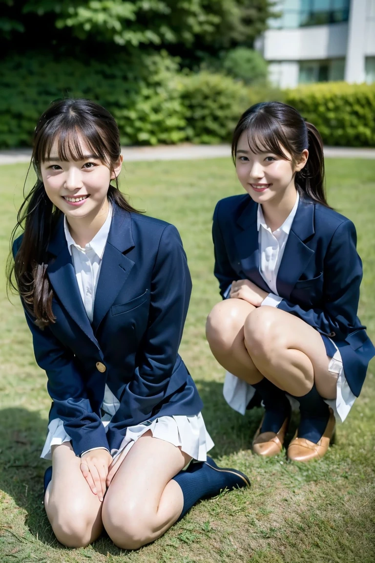 high detail、high quality、8K Photo、Japanese high school girls、One beautiful girl、smile、In uniform、(Brown blazer、Blue checked pleated skirt、Navy blue knee socks、Brown Loafers、ponytail、Double eyelids、White panties)、(Sitting on the grass、Raise your knees and sit with your buttocks on the ground1.5)、((Between the legs in detail、Thighs、between legs、Front angle1.5、Angle from the ground1.5))