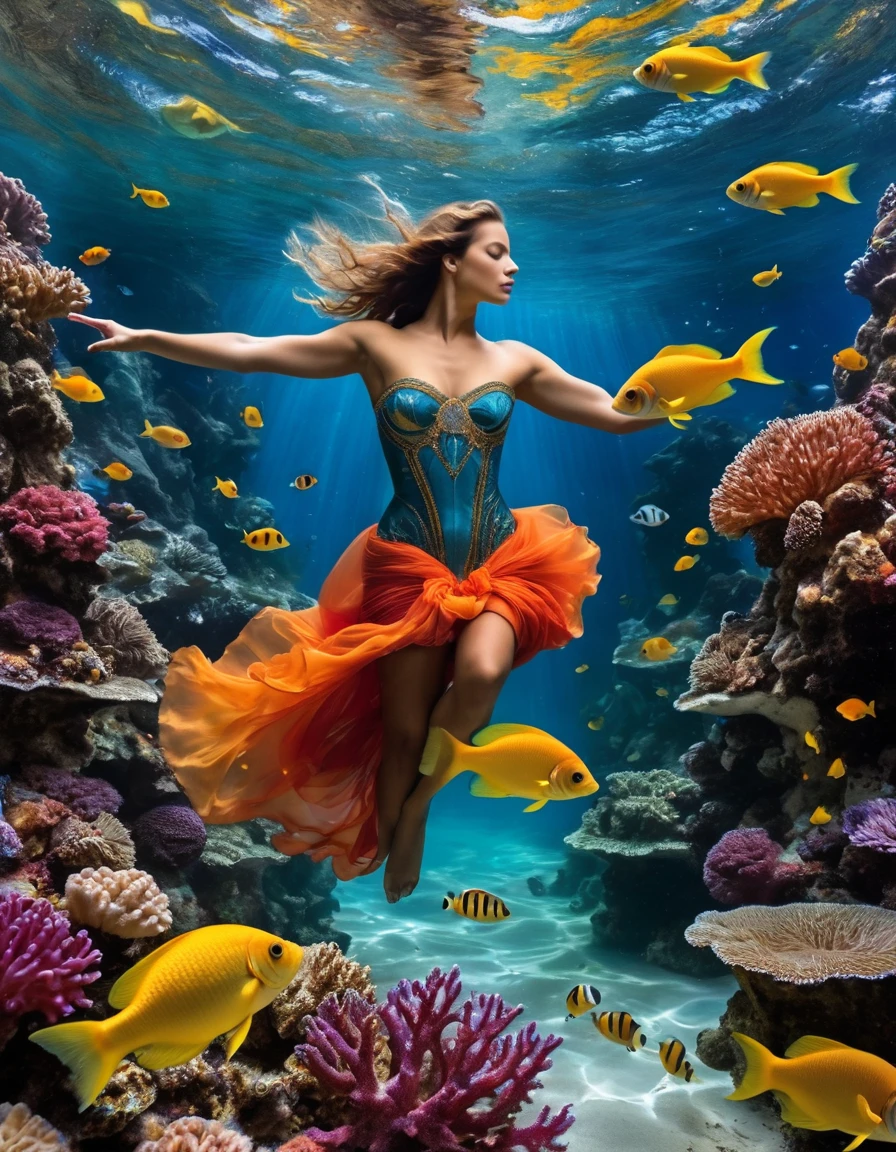 In the coral gardens that shone like jewels and found an underwater city where magical beings of the sea dwelt.uma mulher com o corpo de um peixe(sereia)