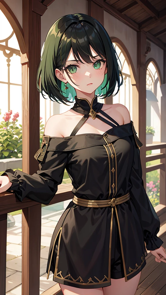Medieval theme, girl young, green eyes, black short hair