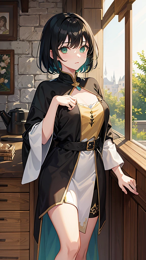 Medieval theme, girl young, green eyes, black short hair