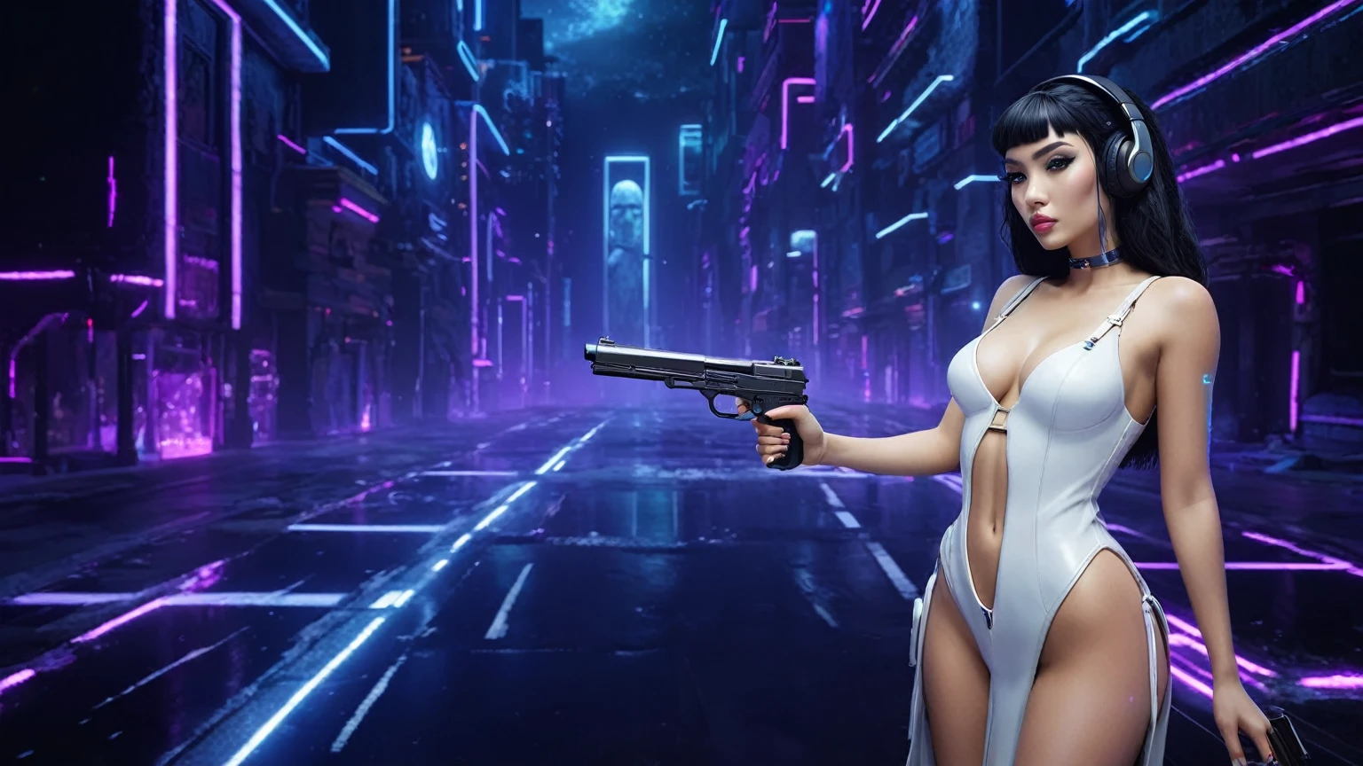 At night, dark sky, distant shot aerial view of fantasy cyberpunk style ice ((Moai-statue)) city, ((flying car)). ((1girl, solo, alone)), medium-breast:1.1 slim body, cleavage, sexy clothes, (headphone, black sunglasses, long black realistic hair), (((hip-up standing and holding pistol))), half-body thigh level medium shot, cinematic lighting.
