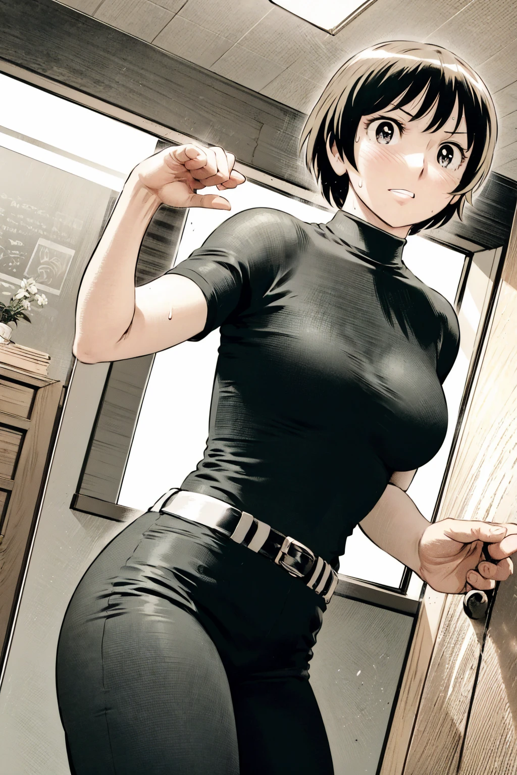 、(masterpiece、Highest quality)、Highest quality, Ultra-high resolution, (((masterpiece))), alone, Sweat、Big eyes,Tight black shirt、Tight white pants、belt、indoor、Composition from the front、(後ろCut your hair short、short hair、blonde、woman)、Shortcuts、Embarrassed face、Cut your hair short、可愛いwomanの子、Big Breasts、office