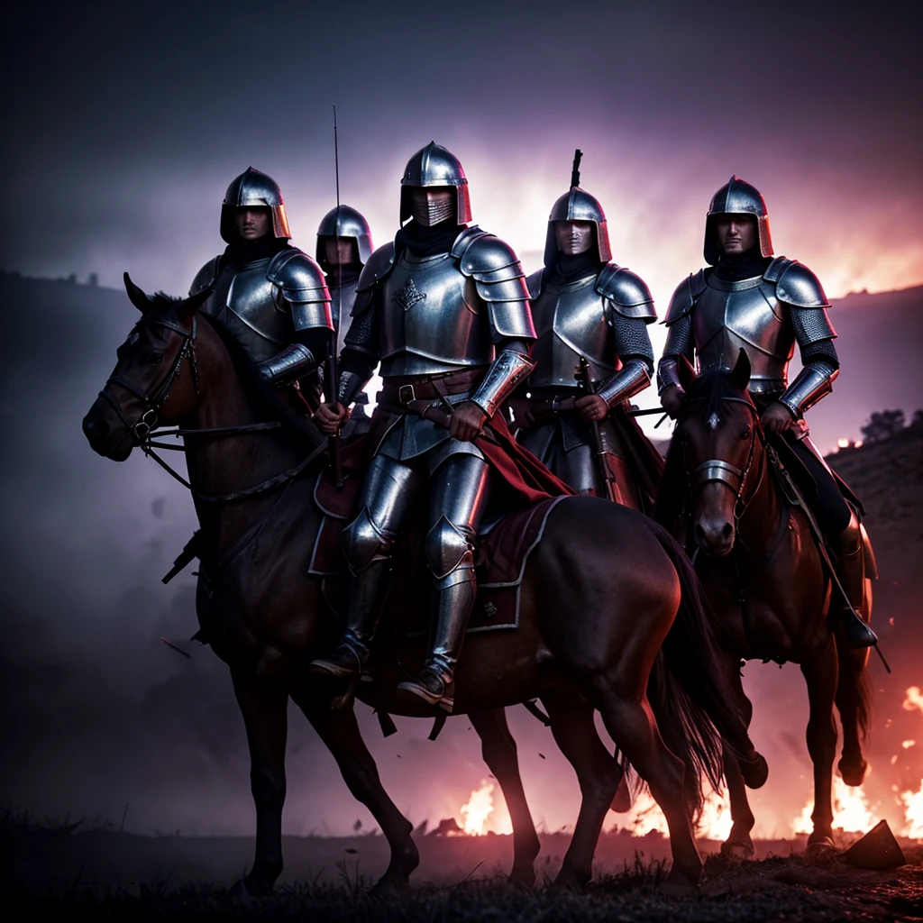 Cinematic medieval royal king and his knights on horses with armor plates shooting rifles, on battlefield at war, lower half of image, eyes glowing red through a foggy battlefield at night, center cinematic shot, unreal engine render, 8k, high detail, cinematic noise filter, royalty aesthetic, glowing purple highlights
