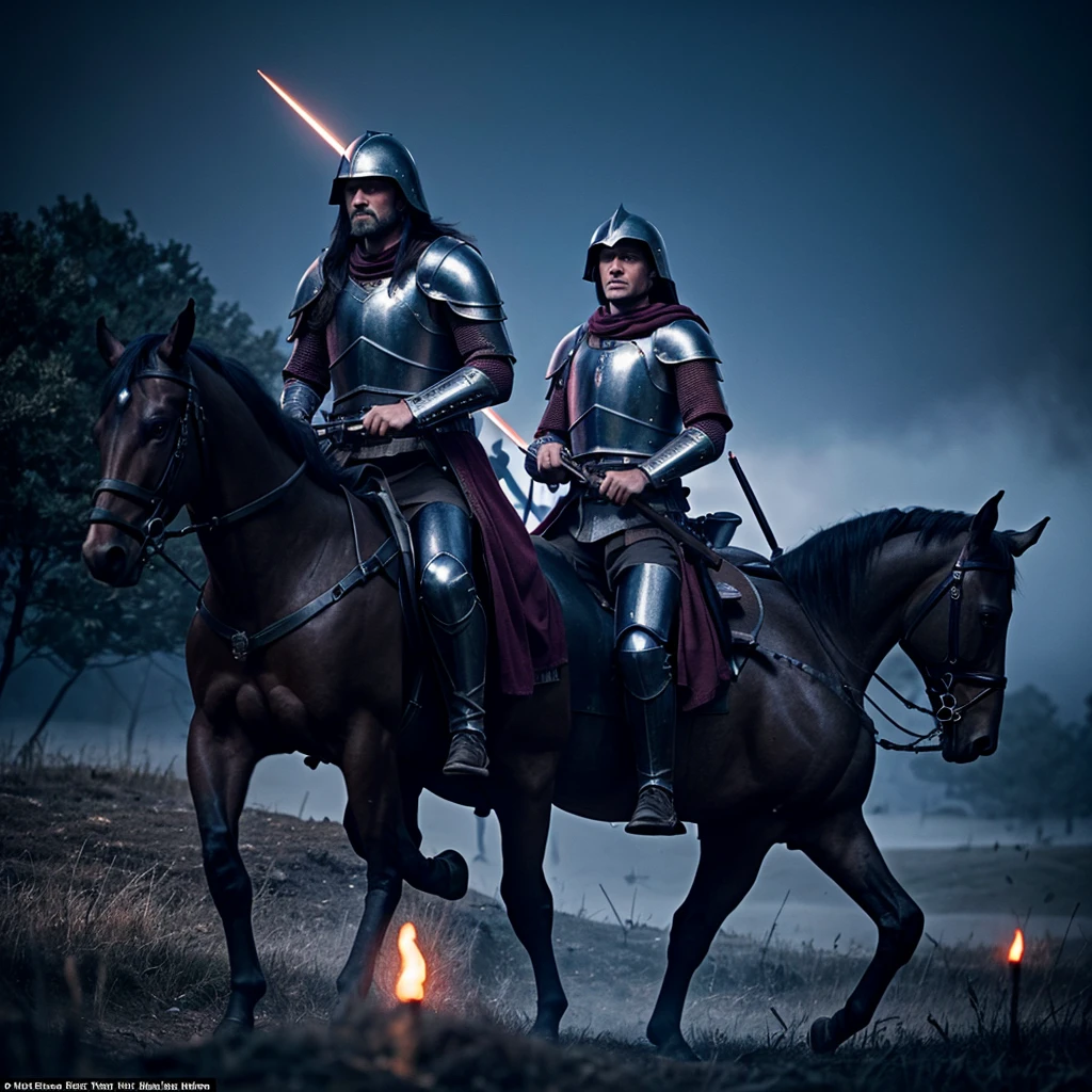 Cinematic medieval royal king and his knights on horses with armor plates shooting rifles, on battlefield at war, lower half of image, eyes glowing red through a foggy battlefield at night, center cinematic shot, unreal engine render, 8k, high detail, cinematic noise filter, royalty aesthetic, glowing purple highlights