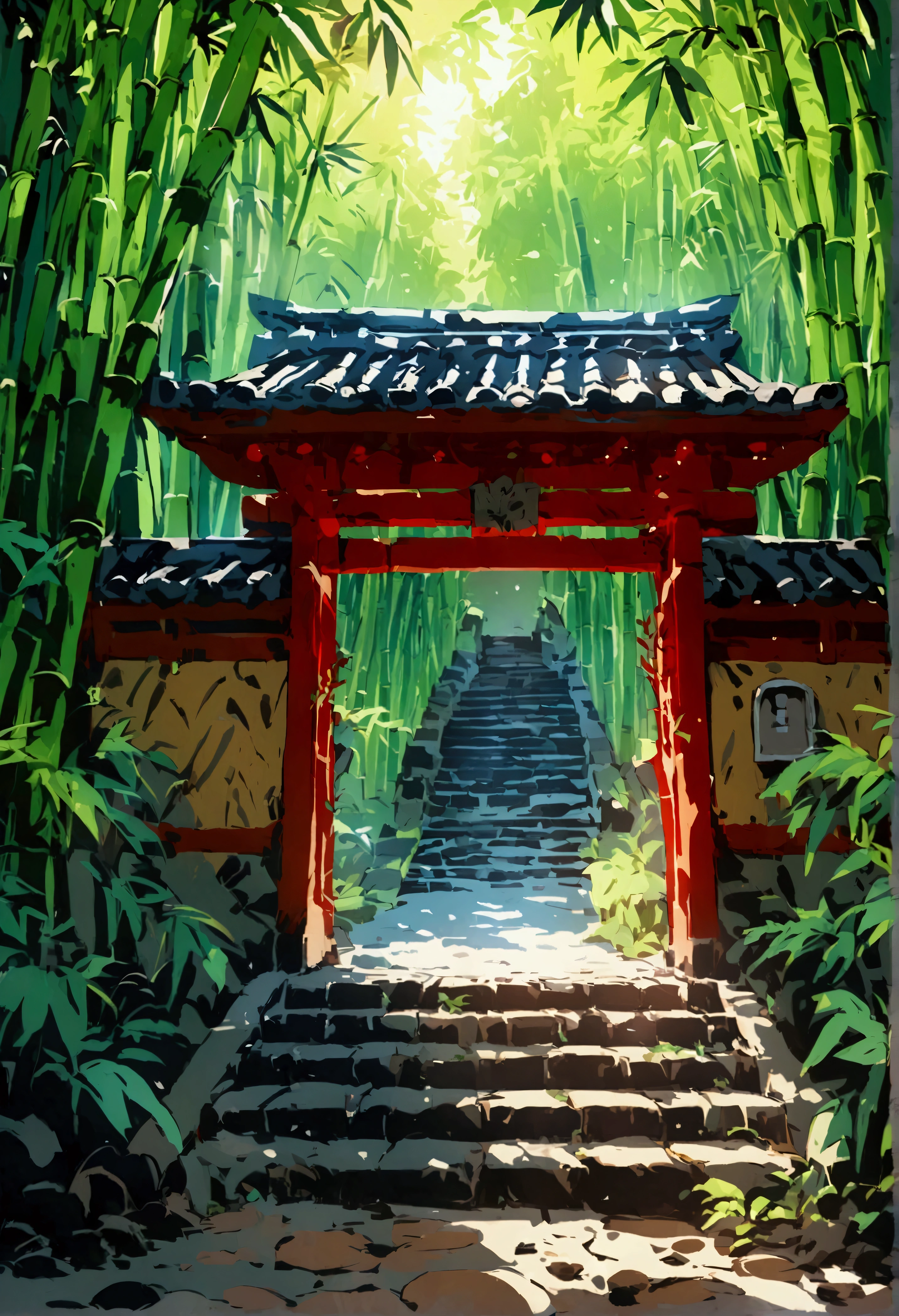 bamboo forest，school entrance，Rich colors，Illustration style