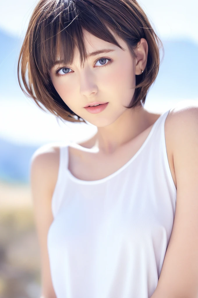 {{a extremely delicate and beautiful girl}}, {{extremely delicate and beautiful girl}}, {{{soft focus}}}, {{{perfect details}}}, {{{detailed and beautiful}}}, close shot, looking away, depthoffield, look up to, beautiful detailed fullbody, longuette, {{{woman}}}, young, very short hair, spiked hair, wept bangs, grey hair, Perfect face, ?, detailed beautiful eyes, white skin, piercing, harajuku fashion, sleeveless shirt, open clothes, landscapes, white background, blurry background, cinematic lighting, flowing transparent white, {{{best masterpiece}}}, {{{best quality}}}, {{{extremely detailed 8K wallpaper}}},
