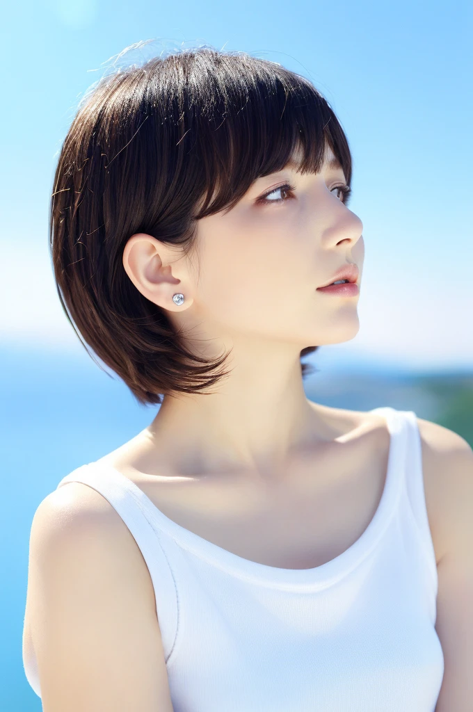 {{a extremely delicate and beautiful girl}}, {{extremely delicate and beautiful girl}}, {{{soft focus}}}, {{{perfect details}}}, {{{detailed and beautiful}}}, close shot, looking away, depthoffield, look up to, beautiful detailed fullbody, longuette, {{{woman}}}, young, very short hair, spiked hair, wept bangs, grey hair, Perfect face, ?, detailed beautiful eyes, white skin, piercing, harajuku fashion, sleeveless shirt, open clothes, landscapes, white background, blurry background, cinematic lighting, flowing transparent white, {{{best masterpiece}}}, {{{best quality}}}, {{{extremely detailed 8K wallpaper}}},
