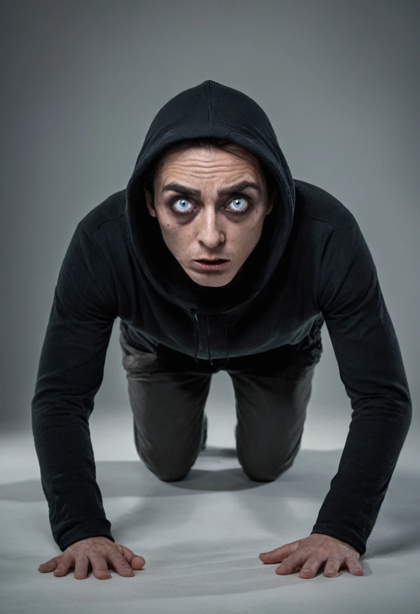 A dark and menacing entity, with eyes that look like bottomless pits, it is floating above a man who is kneeling in despair.