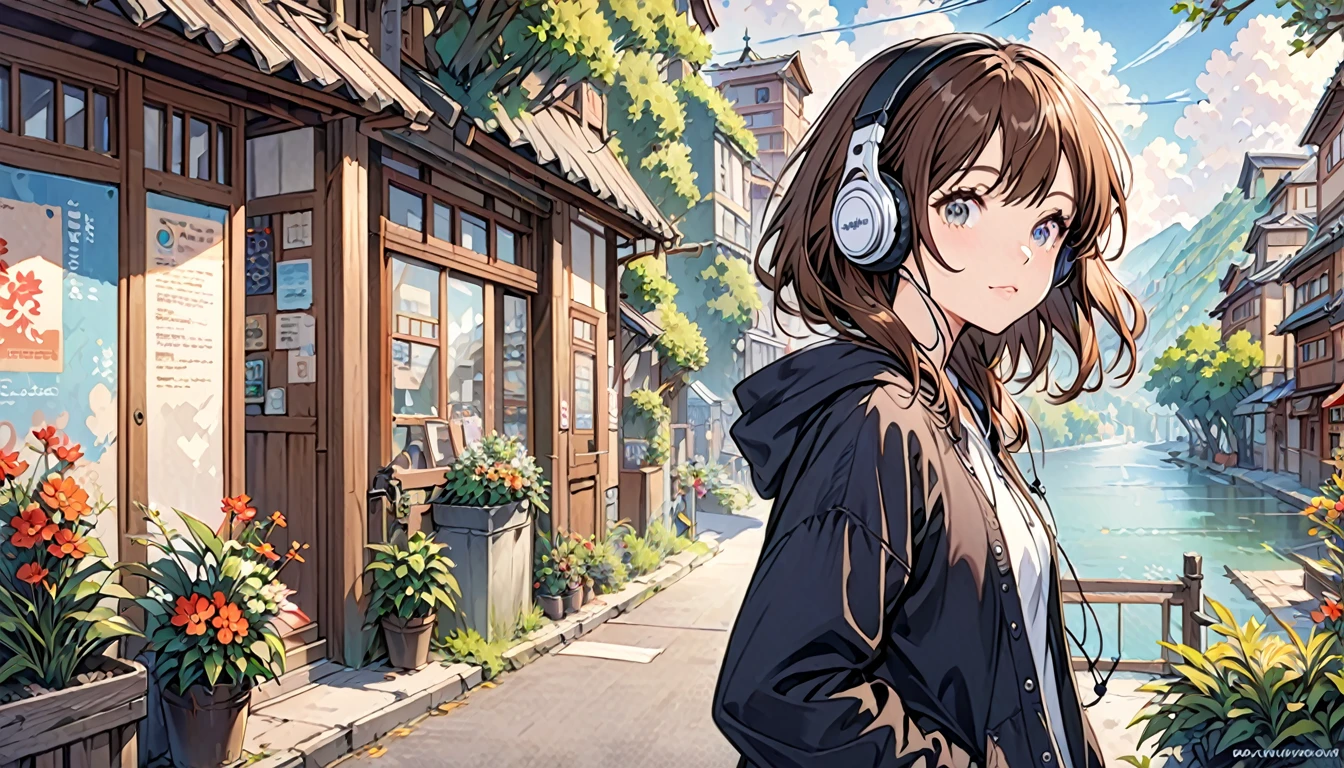  Girl wearing headphones,Brown Hair,1 person,Detailed Background