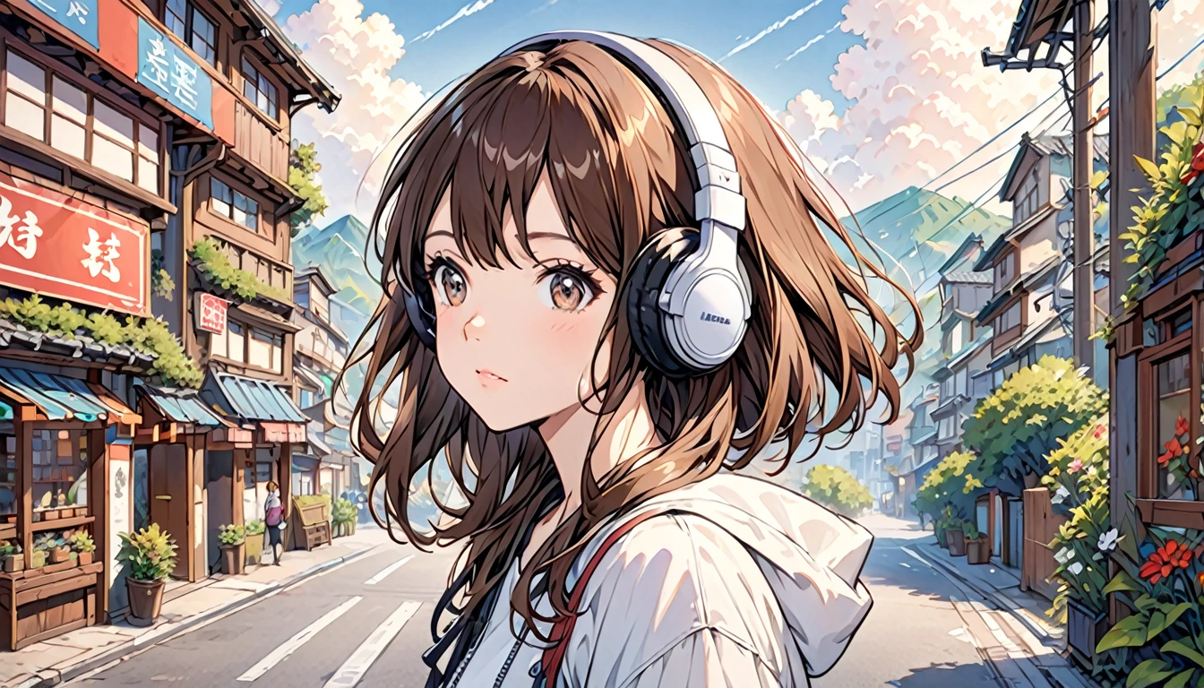  Girl wearing headphones,Brown Hair,1 person,Detailed Background